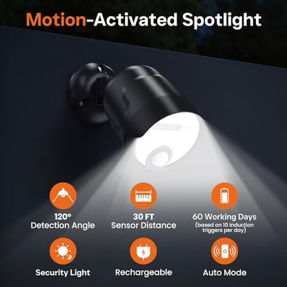 Motion Sensor Outdoor Lights 600 Lumen Spotlight with 4000mAh Rechargeable
