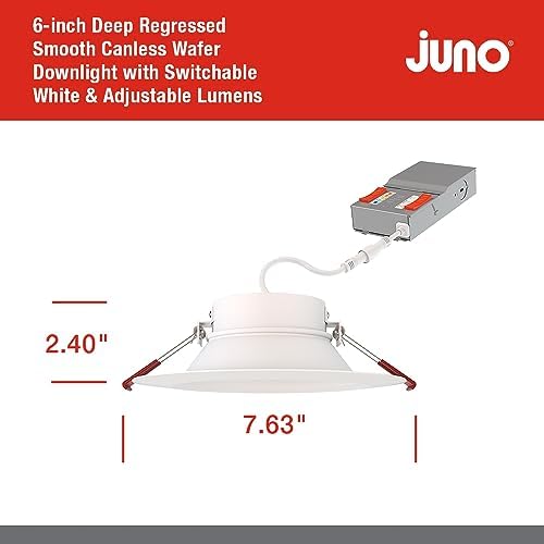 Juno LED Recessed Lights 6 Inch Round Wafer Downlight, 5-in-1 Switchable White Color Temperature, Adjustable Brightness, Deep Regressed Smooth Trim, 6-Inch, Matte White