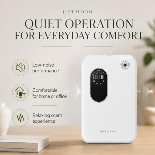 JUSTBLOOM Wall-Mounted Waterless Scent Diffuser, Smart Aroma Diffuser with LED Display, Touch Control, Timer Settings, Quiet Operation for Home, Office & Commercial Spaces, White