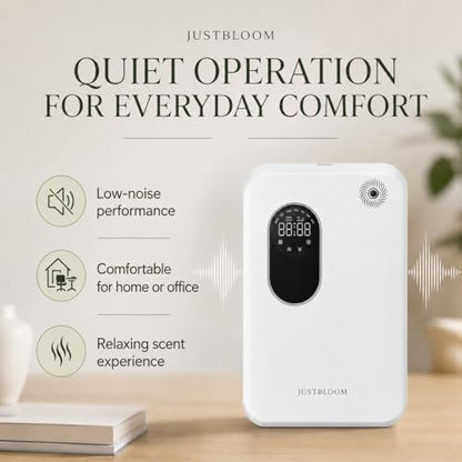 JUSTBLOOM Wall-Mounted Waterless Scent Diffuser, Smart Aroma Diffuser with LED Display, Touch Control, Timer Settings, Quiet Operation for Home, Office & Commercial Spaces, White