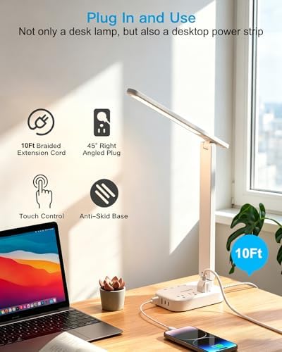 LED Desk Lamp, 10Ft Power Strip with 3 Outlets 4 USB Ports(2 USB C), White
