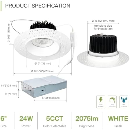 ASD 6 Inch Trimless LED Recessed Ceiling Light Fixture, Mud-in Canless Downlight with Junction Box, 5CCT Selectable 2700K-5000K, 24W 2075 Lumens, CRI90+, Anti-Glare, Dimmable, IC & Wet Rated, ETL