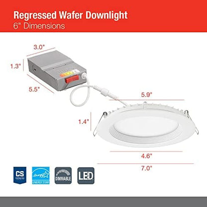 Juno 4" Round Wafer LED Recessed Light, 5-in-1 CCT, Regressed, White, 6Pk