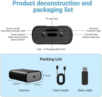 Mini Camera,1080P HD Portable Home Security Camera,Equipped with Motion Detection,Loop Record and Night Vision Functions,No WiFi Needed,Perfect for Monitoring Kids Pets Homes and Offices