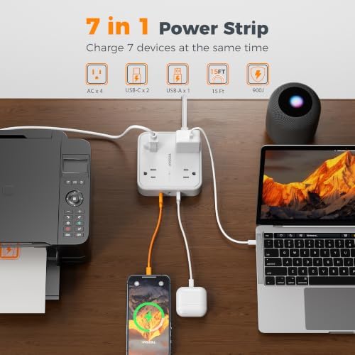 TESSAN Surge Protector Flat Extension Cord 15Ft, Flat Plug Power Strip