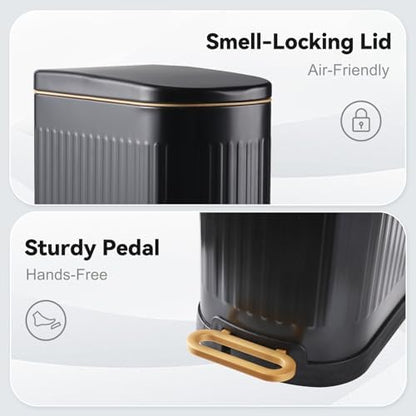 SYNCVIBE Slim Bathroom Trash Can with Lid Stainless Steel Garbage Can Soft Close Step Trash Bin with Removable Inner Bucket for Bedroom, Office, Kitchen (Matt Black, 3.5 Gallons)