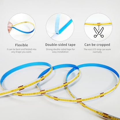 50 FT COB LED Strip Lights Warm White Dimmable DC 24V 3000K