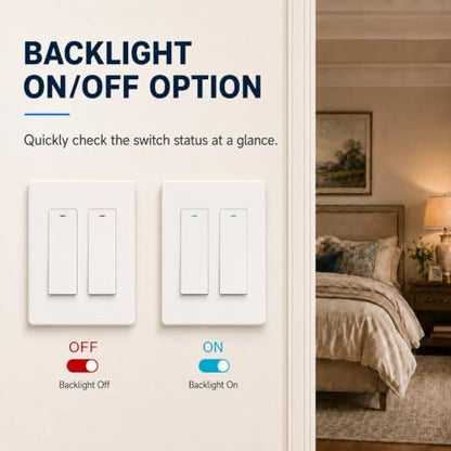 Smart Switch for Light 2 Gang, Neutral Wire Required, 2.4GHz Wi-Fi Switch Compatible with Alexa and Google Home, UL Certified