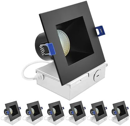 LUXRITE 4 Inch Square LED Recessed Ceiling Light with J-Box, CRI90, 12W, 5CCT Selectable 2700K-5000K, 840 Lumens, Dimmable Canless Downlight, Wet Rated, IC Rated, ETL, Black Trim (6 Pack)