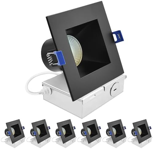 LUXRITE 4 Inch Square LED Recessed Ceiling Light with J-Box, CRI90, 12W, 5CCT Selectable 2700K-5000K, 840 Lumens, Dimmable Canless Downlight, Wet Rated, IC Rated, ETL, Black Trim (6 Pack)
