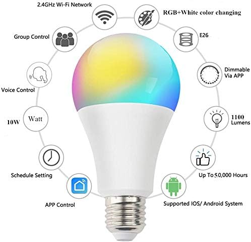 A19 E26 Multicolor 10W LED Light Bulbs, Smart WiFi Light Bulb Compatible with Alexa and Google Home Assistant, LED RGB Color Changing and 4000K 100W Equivalent, No Hub Required, Pack of 2