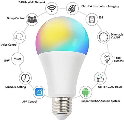 A19 E26 Multicolor 10W LED Light Bulbs, Smart WiFi Light Bulb Compatible with Alexa and Google Home Assistant, LED RGB Color Changing and 4000K 100W Equivalent, No Hub Required, Pack of 2