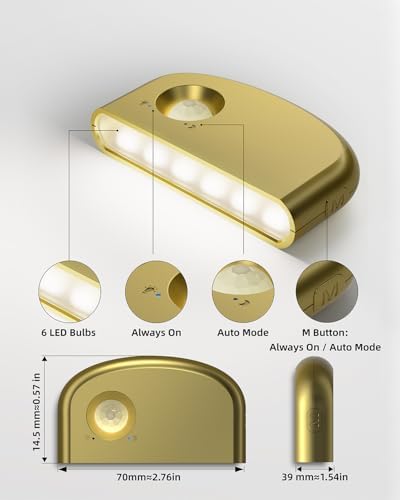 Keyhole Light,Battery Powered Motion Sensor Lights,2 Gold Door Lock Light Magnetic & Dimmable, 6 LED Bulbs PIR Wireless Motion Detector 6500K Soft White,Portable Nightlight for Hallway,Bathroom
