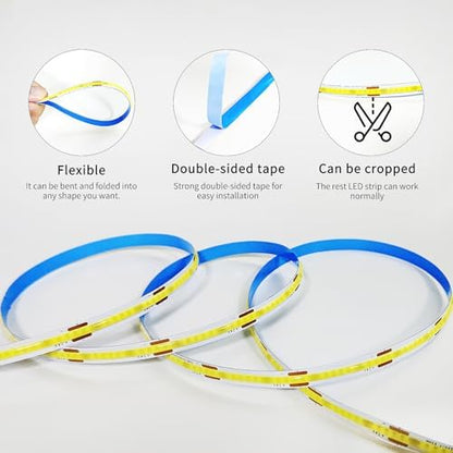 50FT COB LED Strip Lights White Dimmable DC 24V 6000K