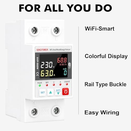 Colorful LED WiFi Smart Energy Meter, AC 63A 220VAC WiFi Earth Leakage Over Under Voltage Protector, Circuit Breaker Din Rail, Electricity Energy Monitor APP Remote Control Smart Life