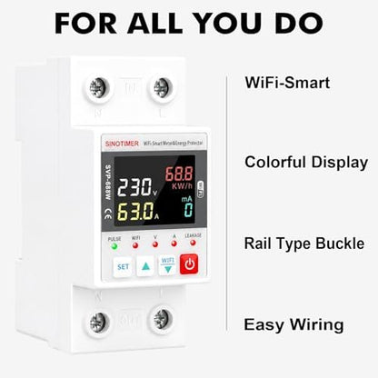 Colorful LED WiFi Smart Energy Meter, AC 63A 220VAC WiFi Earth Leakage Over Under Voltage Protector, Circuit Breaker Din Rail, Electricity Energy Monitor APP Remote Control Smart Life