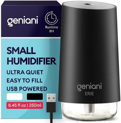 GENIANI Portable Small Cool Mist Humidifier – USB Powered (Not Rechargeable), Compact Desktop Humidifier for Plants, Office, Baby Room – Auto Shut Off & Night Light – Black, 0.25L