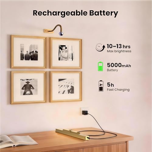 Wireless Picture Light Battery Operated, 16in Picture Light for Wal, 2Pack Rechargeable 5000mAh Battery Wall Sconce for Wall Pictures, Gallery Artwork, Paintings, Portraits, Dartboards_Antique Gold