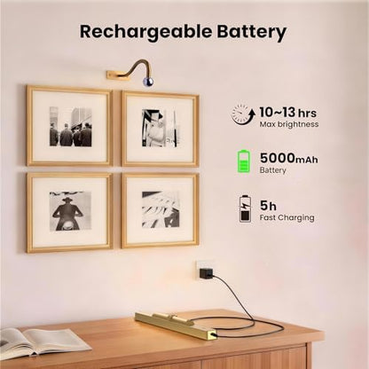 Wireless Picture Light Battery Operated, 16in Picture Light for Wal, 2Pack Rechargeable 5000mAh Battery Wall Sconce for Wall Pictures, Gallery Artwork, Paintings, Portraits, Dartboards_Antique Gold