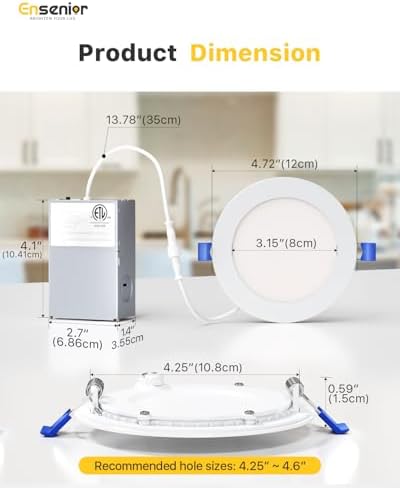 Ensenior 1 Pack 4 Inch LED Recessed Light, Dimmable, 2700K-5000K 5CCT, 750LM High Brightness, 9W 120V, Damp Rated, Ultra-Thin Canless Wafer Ceiling Light - ETL & FCC & IC