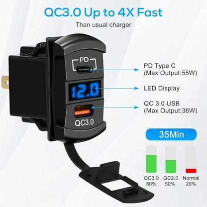 Linkstyle Car Rocker Switch Outlet, 36W QC3.0 USB-A Port & 55W PD Port Charger Socket with LED Voltmeter for 12V/24V RV Boat Motorcycle