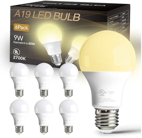 dalattin 6 Pack A19 LED Bulbs,9W Equivalent 60 Watts,E26 Base,Soft White 2700K,800 LM,Non-Dimmable,Efficient Energy Saving Lights for Living Room,Office,80+ CRI,120V, UL Listed
