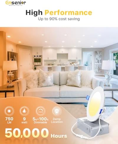 Ensenior 1 Pack 4 Inch LED Recessed Light, Dimmable, 5000K Daylight, 750LM High Brightness, 9W 120V, Damp Rated, Ultra-Thin Canless Wafer Ceiling Light - ETL & FCC & IC