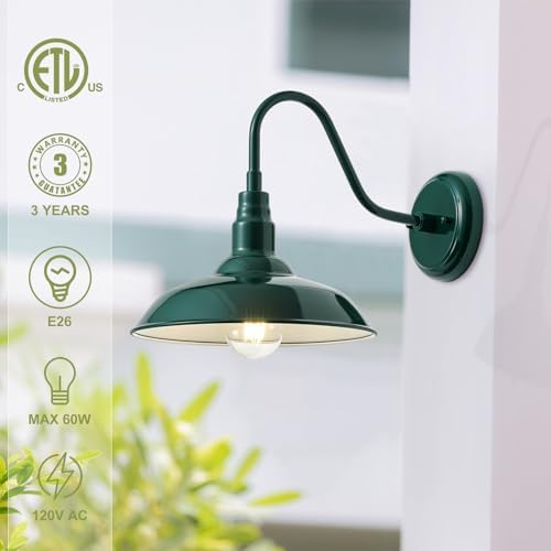 10in Outdoor Gooseneck Barn Light Wall Mount, Green Exterior Farmhouse Porch Lights with White Interior Small Dome Outdoor Patio Gooseneck Wall Sconce Garage Lighting for House, Cabin