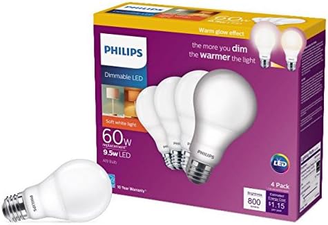 Philips LED 4 Pack A19 Soft White Dimmable Warm Glow LED, 2200-2700 Kelvin, 800 Lumen, 8.8W=60W, E27 Base