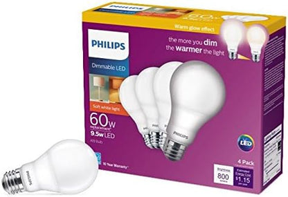 Philips LED 4 Pack A19 Soft White Dimmable Warm Glow LED, 2200-2700 Kelvin, 800 Lumen, 8.8W=60W, E27 Base