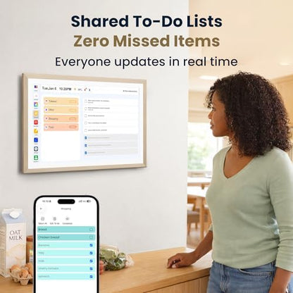 21.5-Inch Smart Digital Calendar & Photo Frame for Family, Wood Frame Large Wall Planner with Auto-Sync to Apple, Google & Outlook, Touchscreen Display with Chore Chart, To-Do Lists & Meal Planner, No Subscription