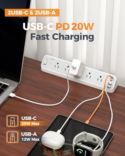 TESSAN Desk Clamp Power Strip 10 Ft with 2100J Surge Protector, Gray