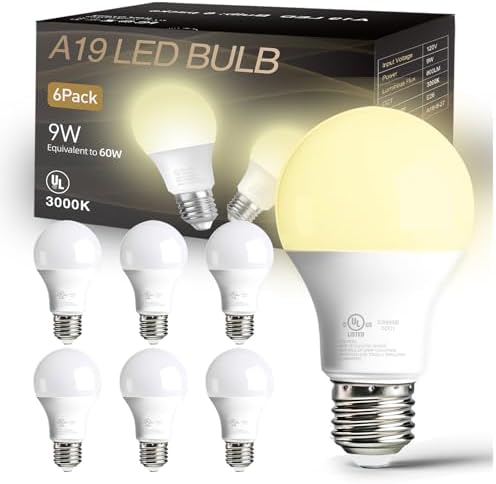 dalattin 6 Pack LED Light Bulbs A19 E26 60 Watt Equivalent Warm White 3000K Standard Lightbulb, 800 LM, Efficient 9W Energy Saving, Non-Dimmable, 80+ CRI, 120V, UL Listed, for Indoor