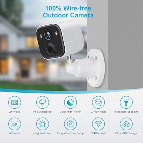 Wireless Outdoor Security Camera, Battery Powered WiFi Camera with 2K Color Night Vision, AI Motion Detection, 2-Way Audio, Spotlight, Siren, IP65 Waterproof, Cloud/SD Storage