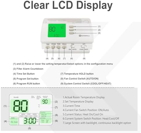 Programmable Thermostat 1H/1C, Household Thermostatfor Heat Pump and Conventional Single Stage System, Digital, Easy DIY Installation
