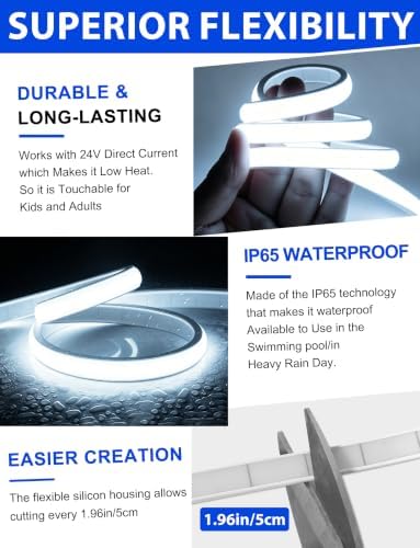 COB LED Strip Lights, White Dimmable Rope with Remote, 19.6ft
