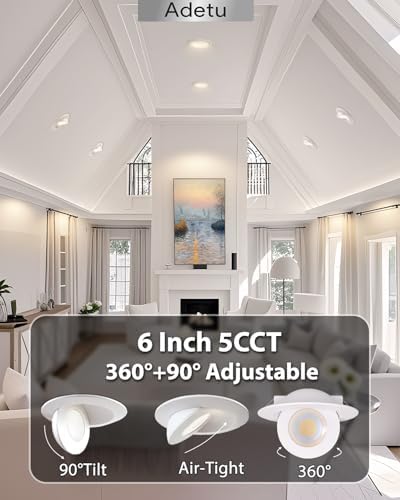 Adetu 6 inch Gimbal LED Recessed Light, 5CCT, 15W, 1700LM, 8 Pack