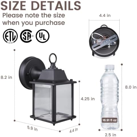Outdoor Porch Light for House E26 Aluminum Glass, Black, 1 Pack
