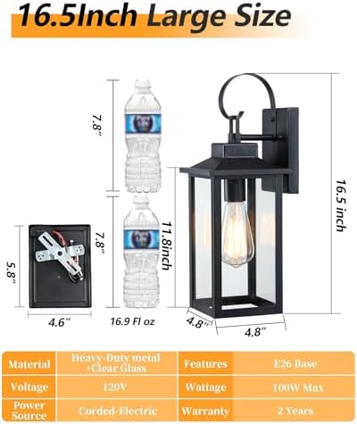 17" Large Outdoor Wall Lights for House 2-Pack, Matte Black