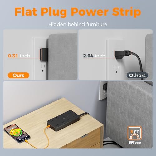 TESSAN Power Strip Surge Protector, 5FT Flat Plug Extension Cord