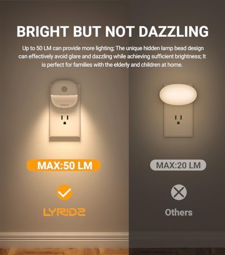 Lyridz Plug in Night Light with Motion Sensor and Dusk to Dawn Sensor, Dimmable Warm Nightlight with 1-50lm Adjustable Brightness Indoor for Bedroom, Bathroom, Stairs, Hallway, 1 Pack