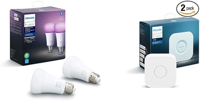 Philips Hue (1) Bridge with (2) Smart 60W A19 LED Bulb, White and Color Ambiance Color-Changing Light, 800LM, E26 - Control with Hue App - Works with Alexa, Google Assistant, Apple Homekit, and Matter
