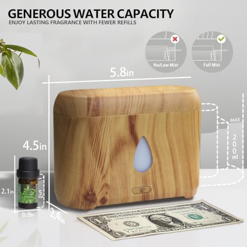 Flame Diffuser for Essential Oils, 200ml Ultrasonic Aroma Diffusers with Cool Mist, Aromatherapy Diffuser with Auto-Off Protection (Wooden Grain(7 Colors), Peppermint+Lavender+Tea Tree+Lemon)
