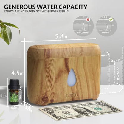 Flame Diffuser for Essential Oils, 200ml Ultrasonic Aroma Diffusers with Cool Mist, Aromatherapy Diffuser with Auto-Off Protection (Wooden Grain(7 Colors), Peppermint+Lavender+Tea Tree+Lemon)