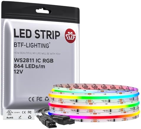 BTF-LIGHTING RGB WS2811 Smart IC FCOB COB LED Strip, UL Listed 864LEDs/m High Density Color Chasing Uniform Light, DC12V 9.8FT 12mm Width Tape Light for Home Party DIY Decor(No Adapter or Controller)
