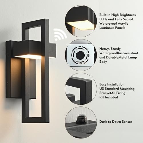 Outdoor Wall Sconce Dusk to Dawn Outdoor Lighting, Modern Exterior Lighting Fixtures, Black LED Front Porch Lights Outside Wall Mount Lights for House, Hallway, Warm White 3000K, (1pack)