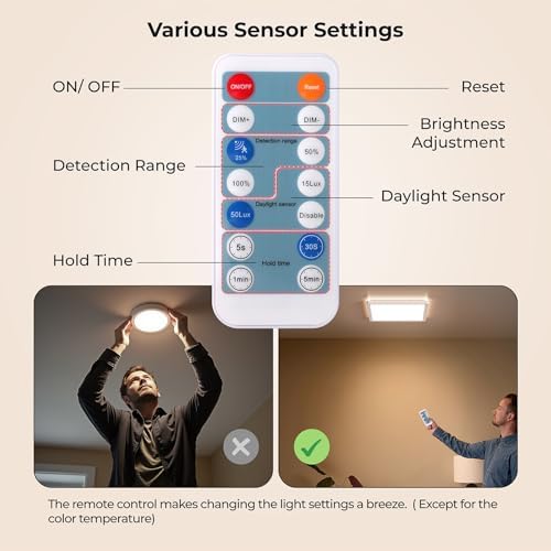 BLNAN Dimmable Motion Sensor LED Ceiling Light with Remote Control, 9 Inch 18W 1800LM Radar Motion Activated Flush Mount Wired Light Fixture for Closet Hallway Laundry Porch Stair, 3000K 4000K 5000K