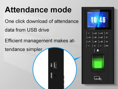 Fingerprint access control with time clock, password, and card access control keypad. HD screen, keypad door lock controller, 1000 user capacity. Suitable for offices, villas, apartments, homes