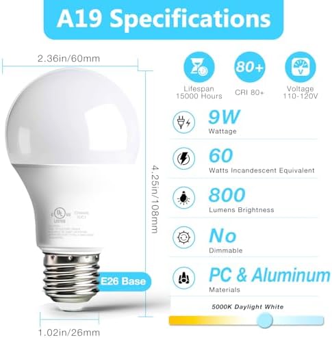 dalattin A19 LED Bulbs, 5000K Daylight White, 60 Watt Equivalent, E26 Base, 800 LM, 9W Energy Saving, Non-Dimmable, 80+ CRI, 120V, UL Listed, for Living Room, Office, 12 Packs