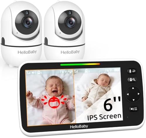 HelloBaby 6" Split Screen No WiFi Baby Monitor 2 Cameras & Audio, 30H ECO